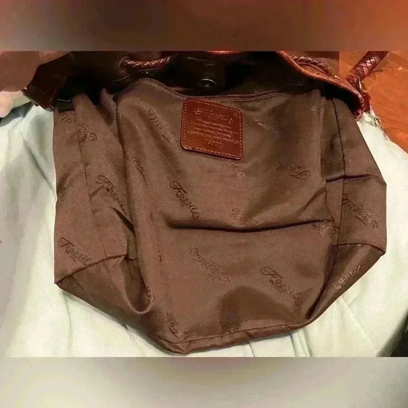 Vintage Fossil Brown Hobo Leather Bucket Shoulder Woven Handle Drawstring Bag - Picture 12 of 16